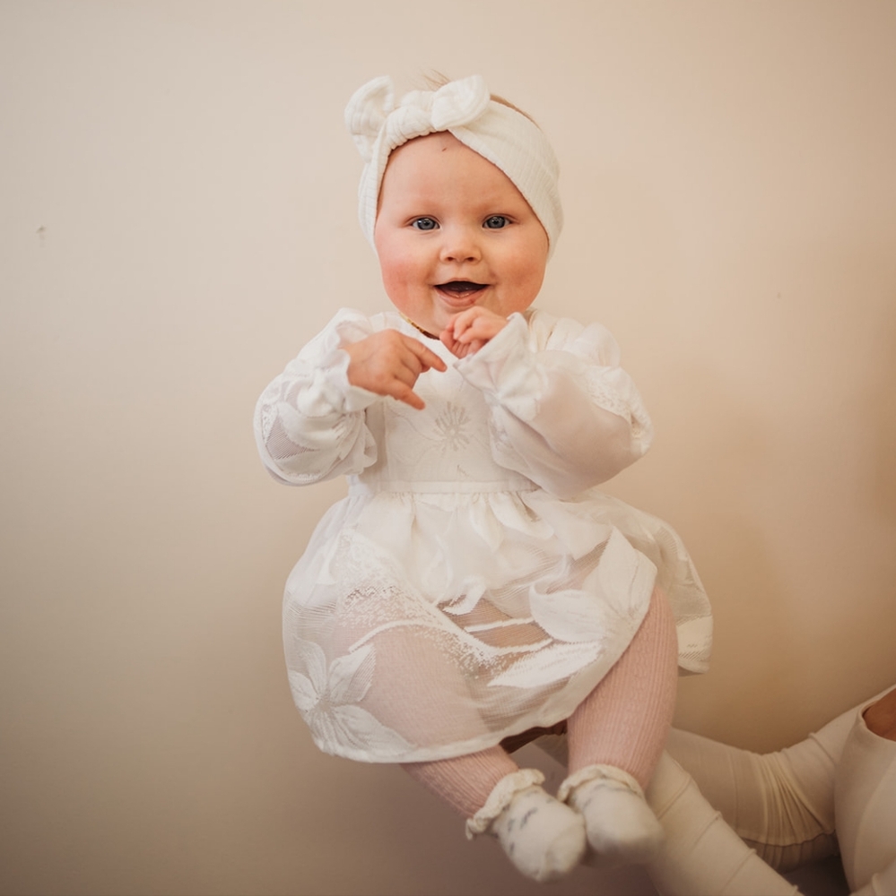 White Boho Floral Baby Dress with built in romper.